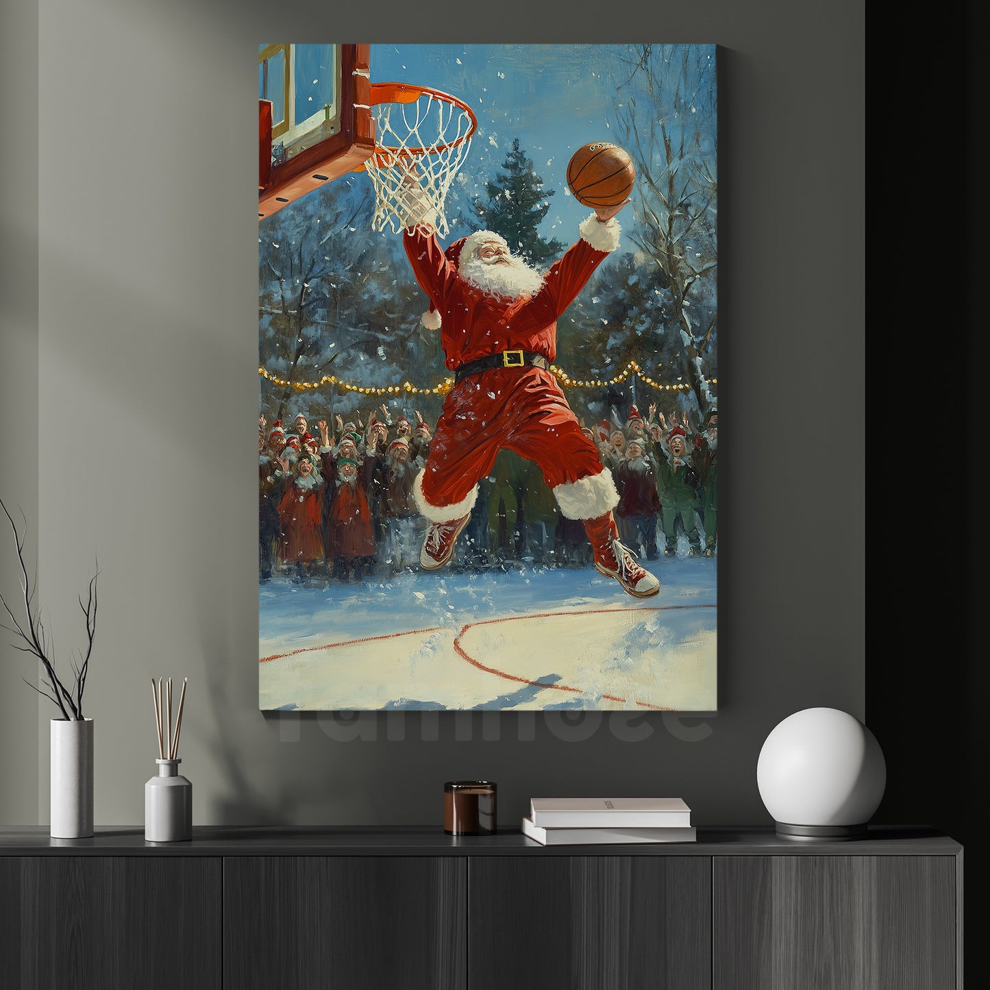 Funny Christmas Santa Claus Playing Basketball Canvas Painting, Sports Wall Art Decor, Xmas Poster Gift For Basketball Lovers