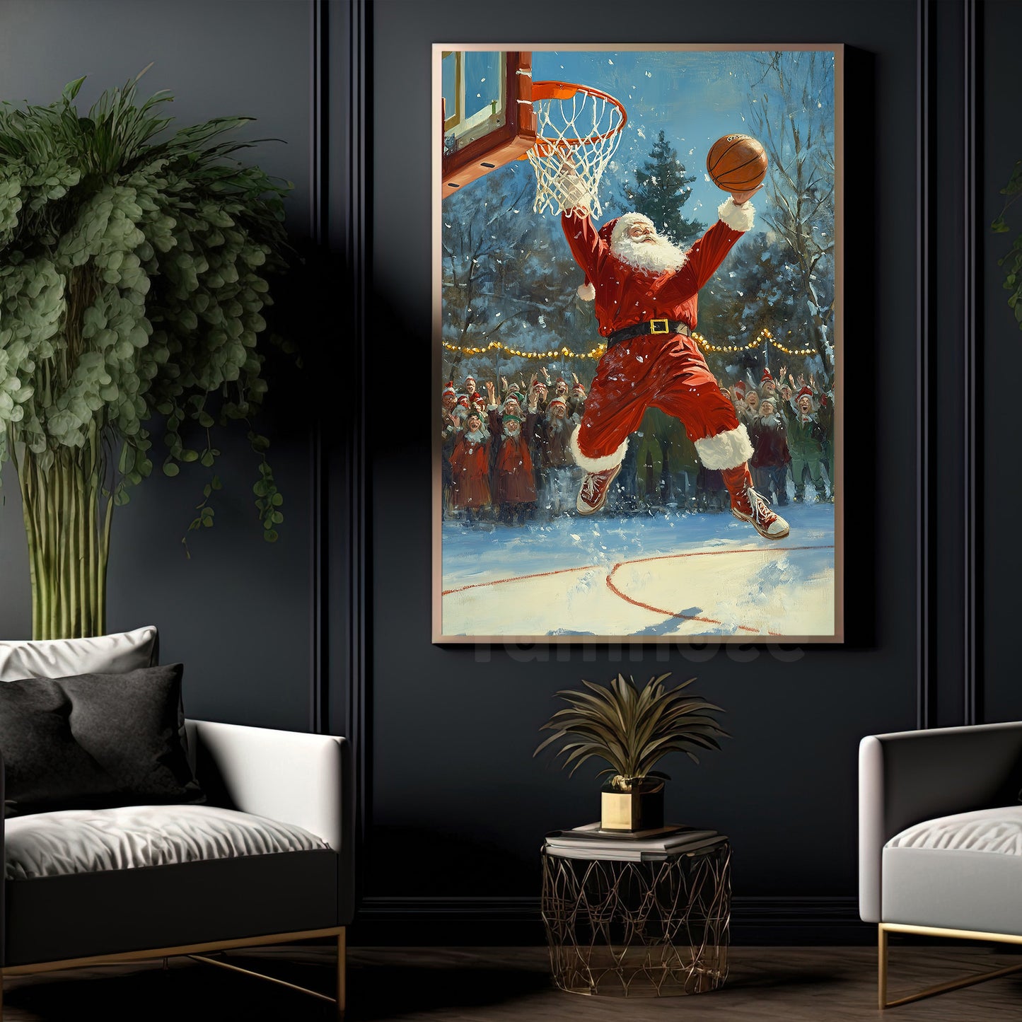 Funny Christmas Santa Claus Playing Basketball Canvas Painting, Sports Wall Art Decor, Xmas Poster Gift For Basketball Lovers