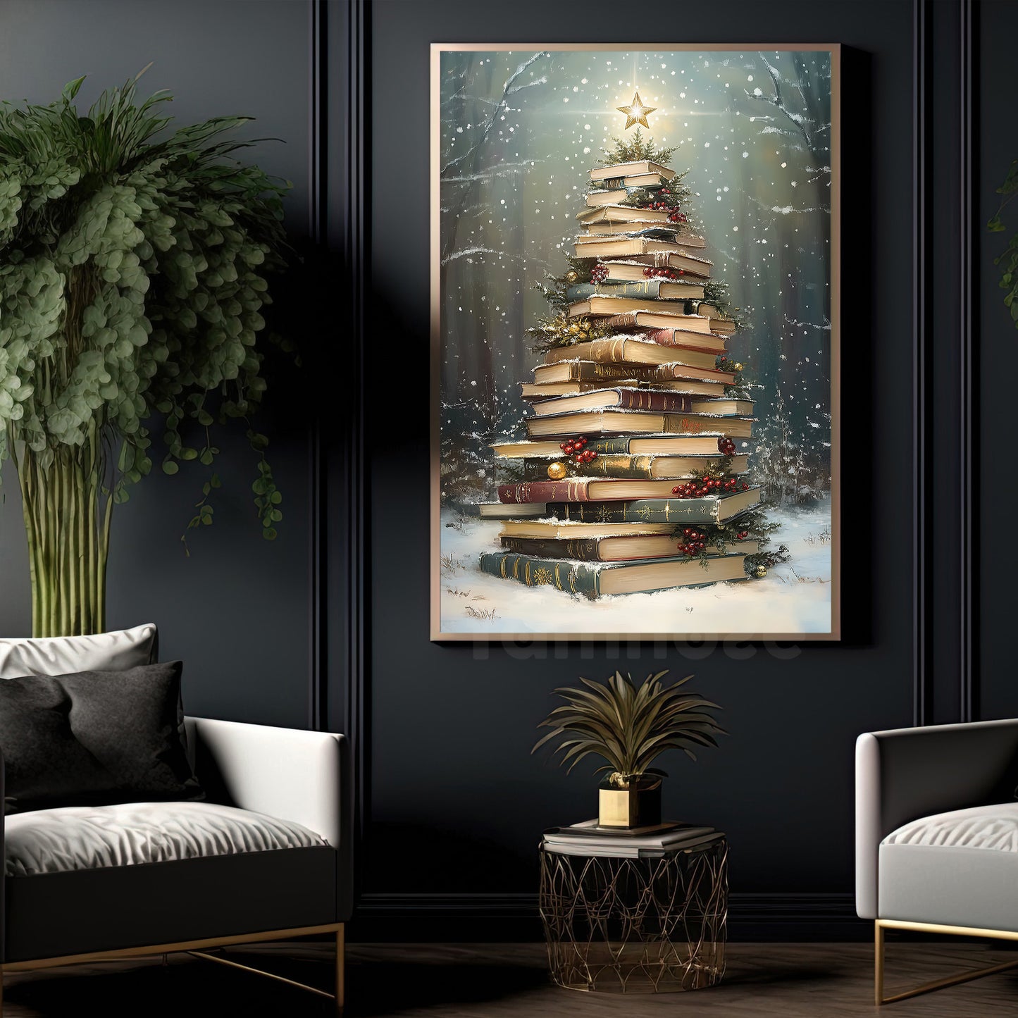 Christmas Canvas Painting, The Christmas Tree of Literature Wall Art Decor, Xmas Poster Gift