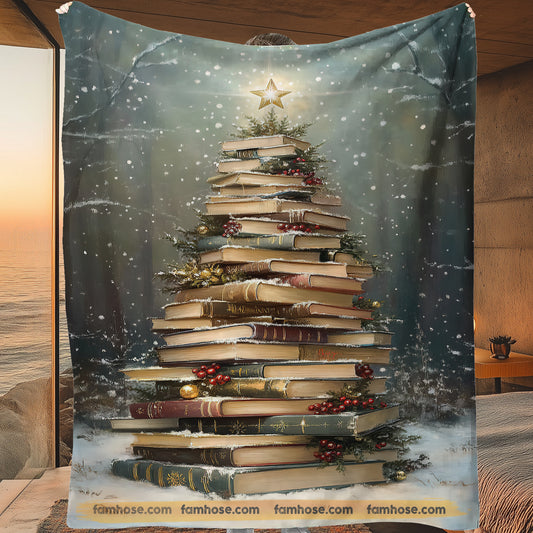 Christmas Book Tree Fleece Blanket, A Tower Of Tales Woven Blanket, Sherpa Blanket Xmas Gift For Book Lovers