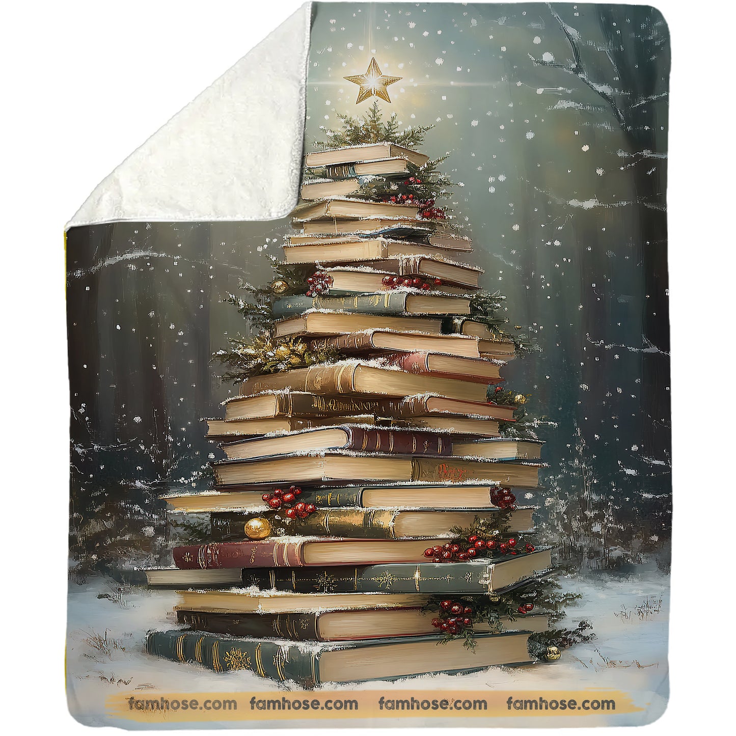 Christmas Book Tree Fleece Blanket, A Tower Of Tales Woven Blanket, Sherpa Blanket Xmas Gift For Book Lovers