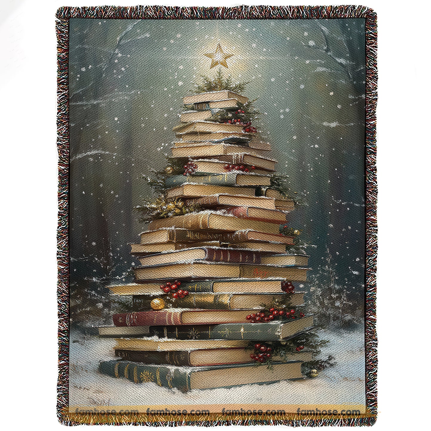 Christmas Book Tree Fleece Blanket, A Tower Of Tales Woven Blanket, Sherpa Blanket Xmas Gift For Book Lovers