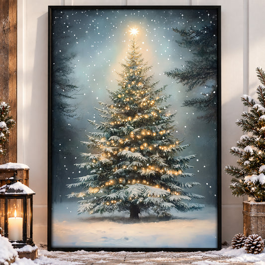 Vintage Christmas Canvas Painting, Glowing Christmas Pine Tree Winter Wall Art Decor, Xmas Poster Gift For Pine Tree Lovers