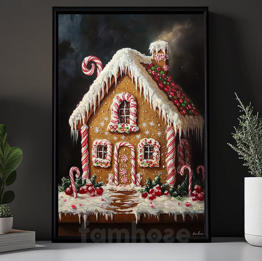 Christmas Gingerbread House Canvas Painting, Icing-Dripping Gingerbread Cottage Wall Art Decor, Xmas Poster Gift For Gingerbread Lovers