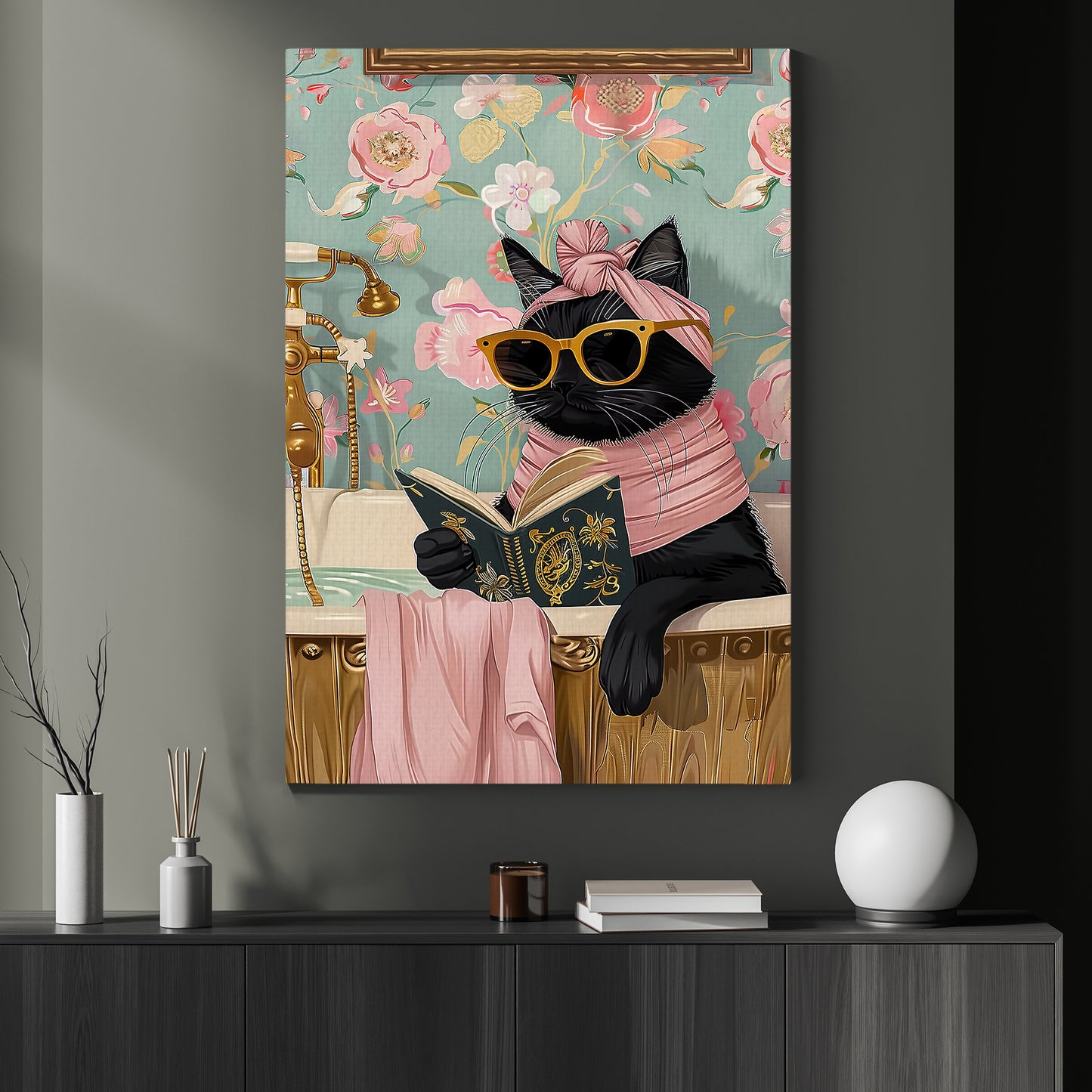 Reading In Style, Victorian Black Cat Bathroom Canvas Painting, Victorian Animal Wall Art Decor, Restroom Poster Gift For Cat, Books Lovers