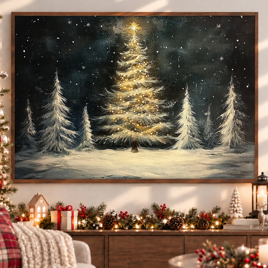 Vintage Christmas Tree Canvas Painting, The Shinning Pine Tree In Winter Wall Art Decor, Xmas Poster Gift For Christmas Tree Lovers