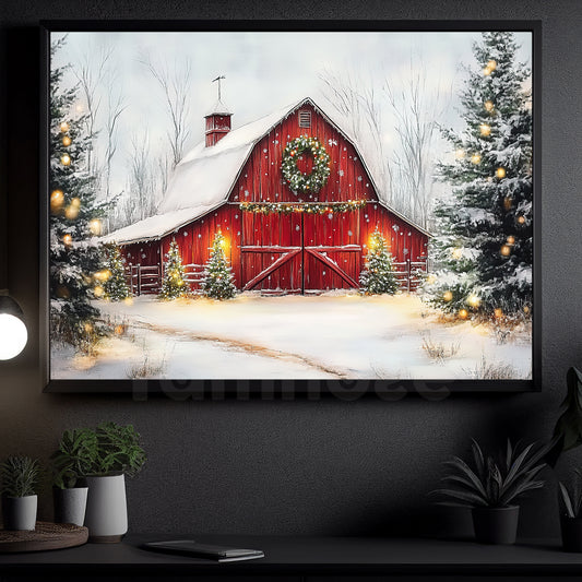 Vintage Christmas Canvas Painting, Red Barn And Snowy Pines Winter Wall Art Decor, Xmas Poster Gift