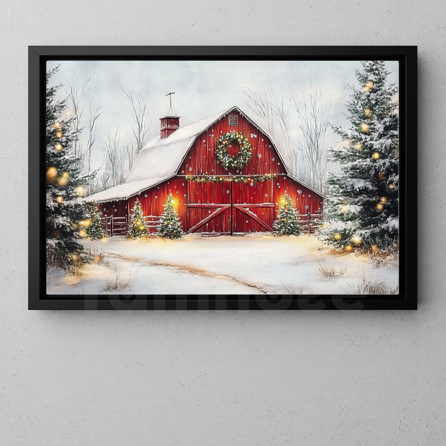 Vintage Christmas Canvas Painting, Red Barn And Snowy Pines Winter Wall Art Decor, Xmas Poster Gift
