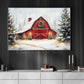 Vintage Christmas Canvas Painting, Red Barn And Snowy Pines Winter Wall Art Decor, Xmas Poster Gift