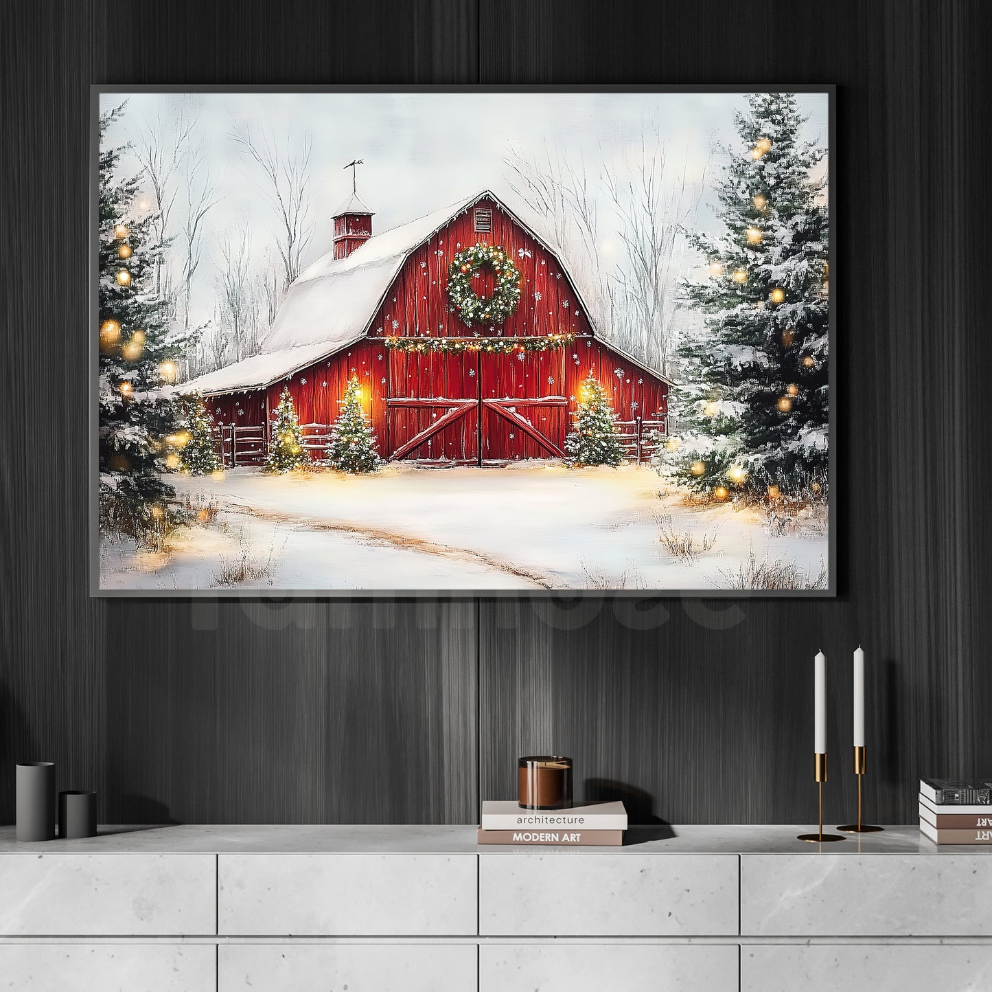 Vintage Christmas Canvas Painting, Red Barn And Snowy Pines Winter Wall Art Decor, Xmas Poster Gift