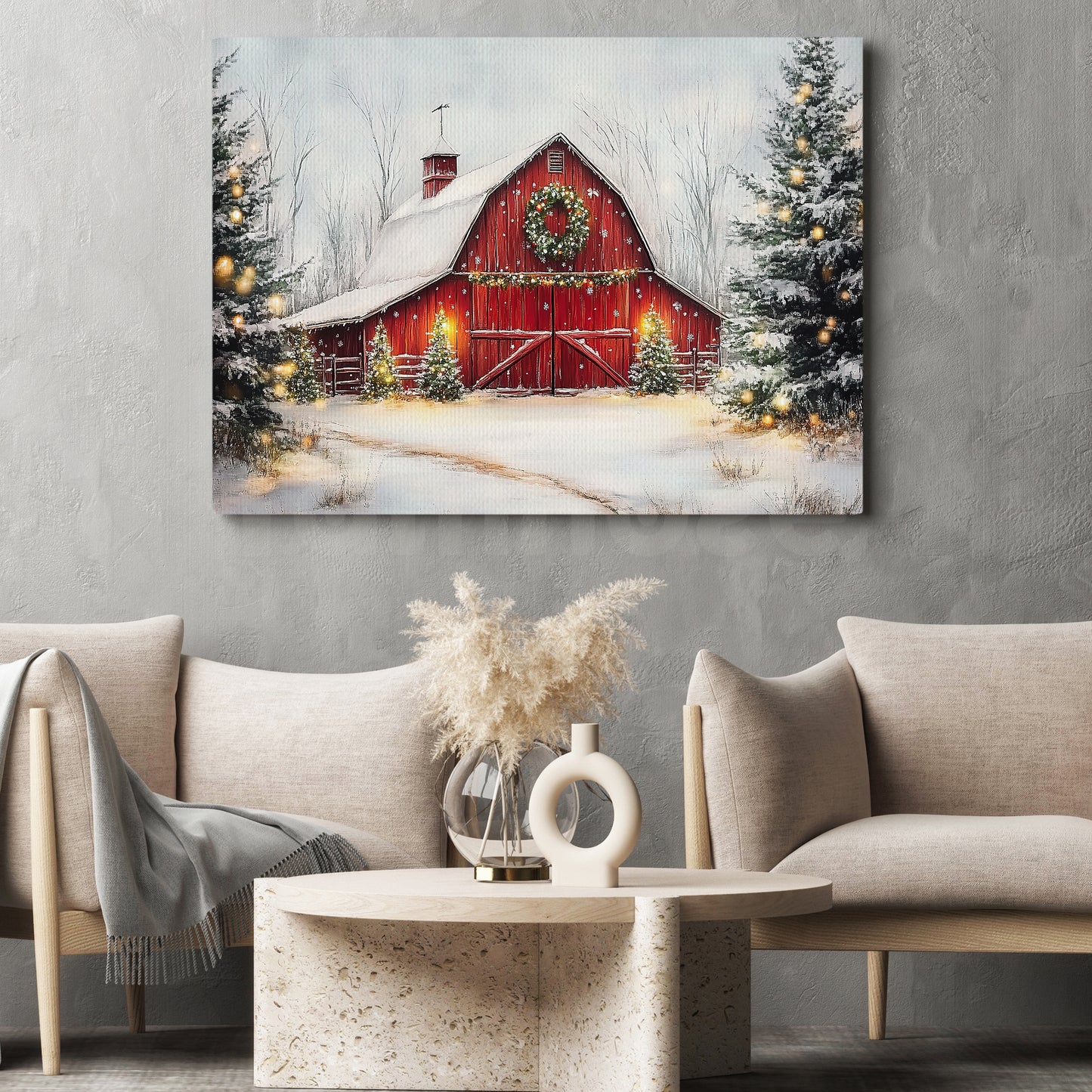 Vintage Christmas Canvas Painting, Red Barn And Snowy Pines Winter Wall Art Decor, Xmas Poster Gift