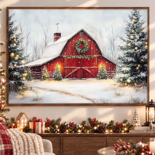 Vintage Christmas Canvas Painting, Red Barn And Snowy Pines Winter Wall Art Decor, Xmas Poster Gift