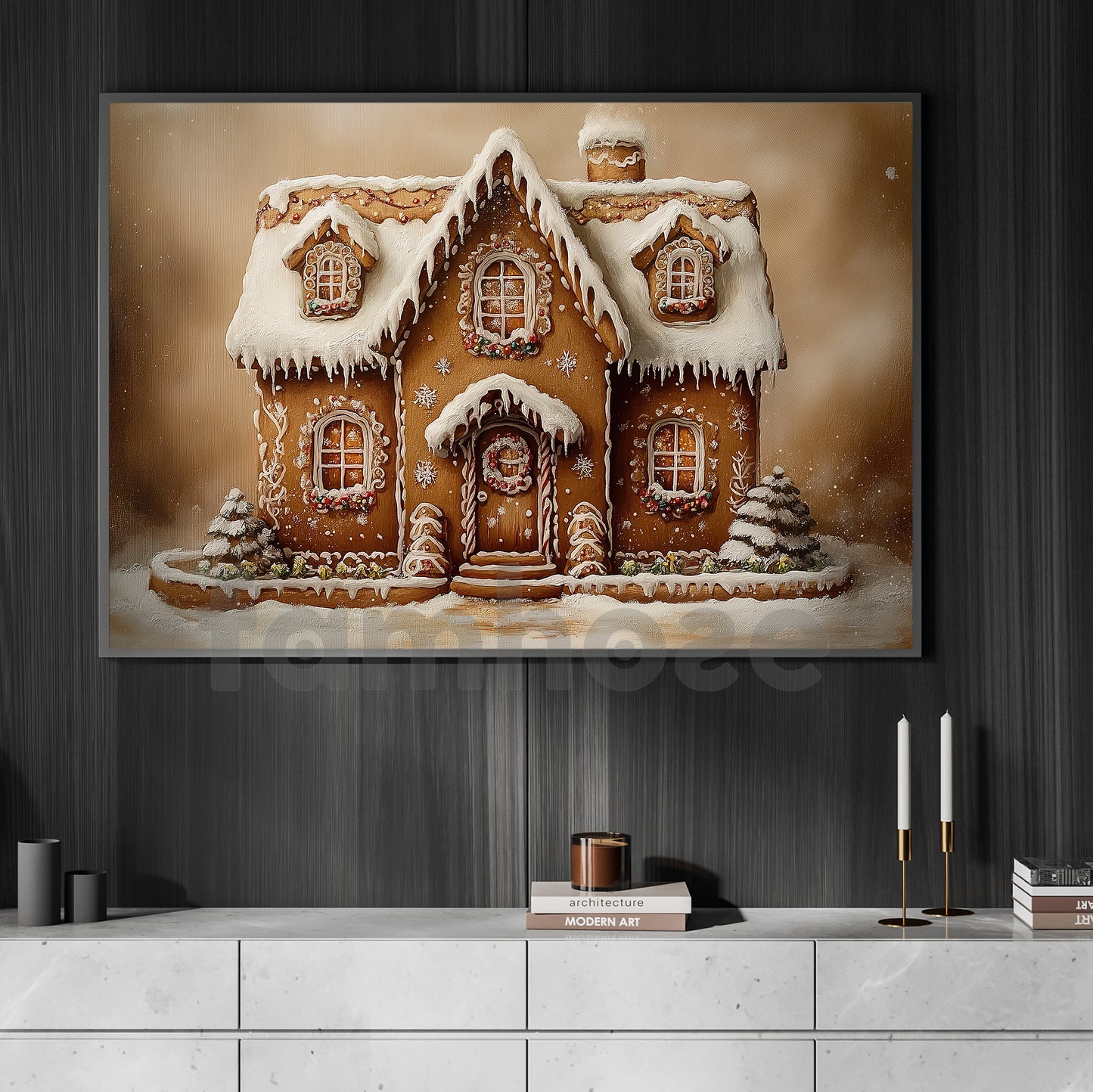 Snowy Christmas Gingerbread House Canvas Painting, Christmas Gingerbread Castle Wall Art Decor, Xmas Poster Gift For Gingerbread Lovers