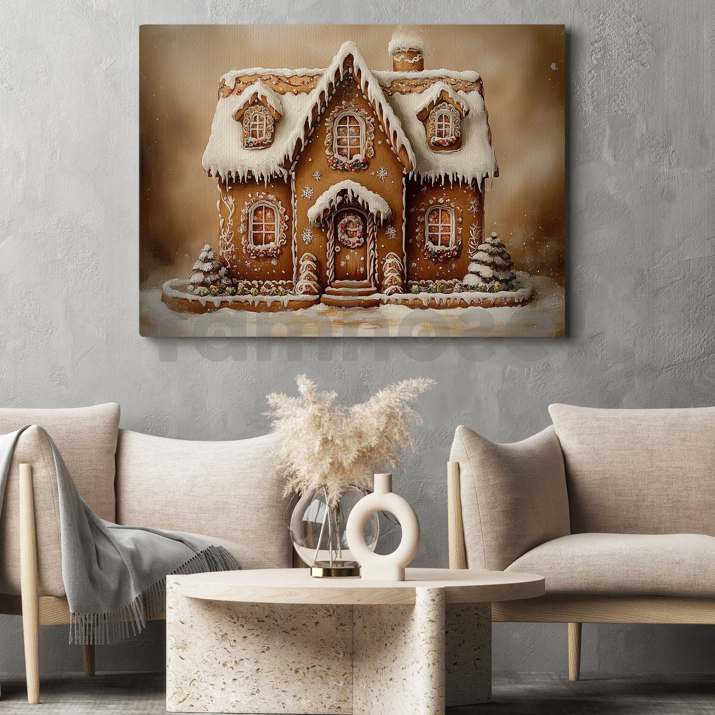 Snowy Christmas Gingerbread House Canvas Painting, Christmas Gingerbread Castle Wall Art Decor, Xmas Poster Gift For Gingerbread Lovers
