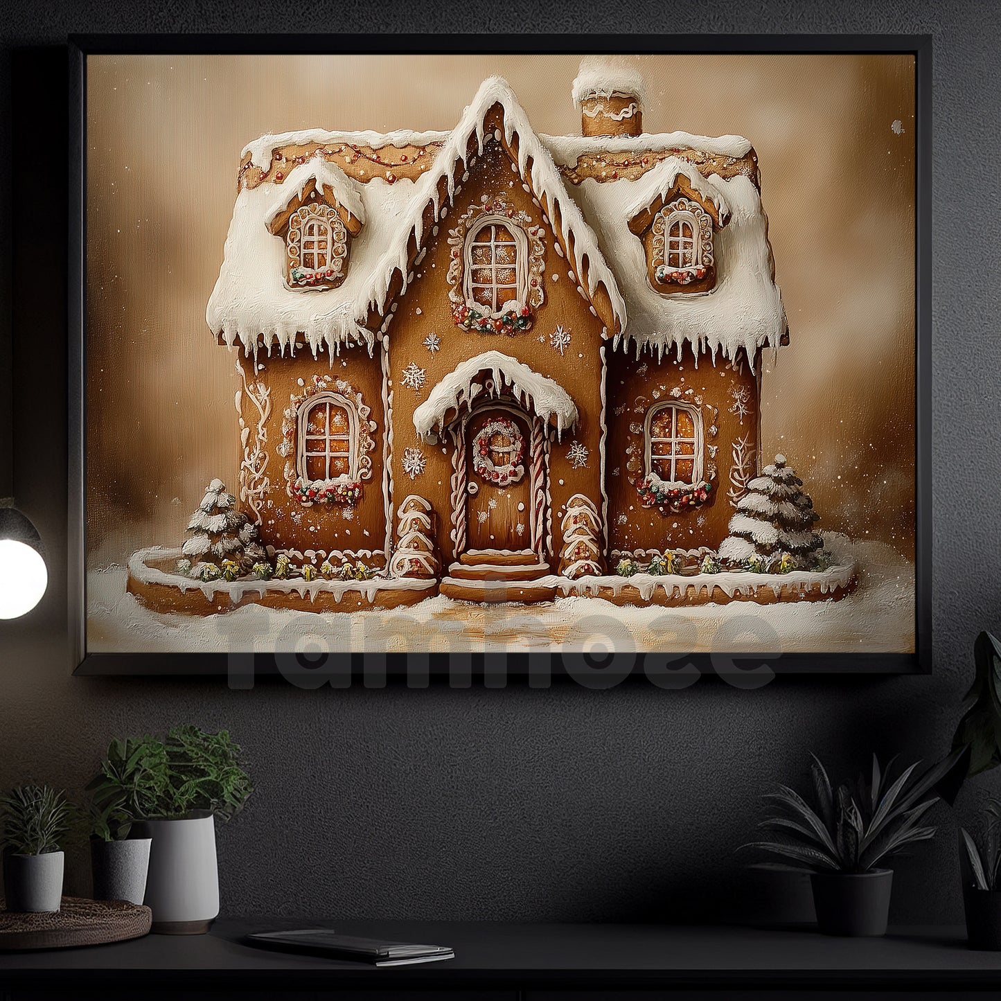 Snowy Christmas Gingerbread House Canvas Painting, Christmas Gingerbread Castle Wall Art Decor, Xmas Poster Gift For Gingerbread Lovers