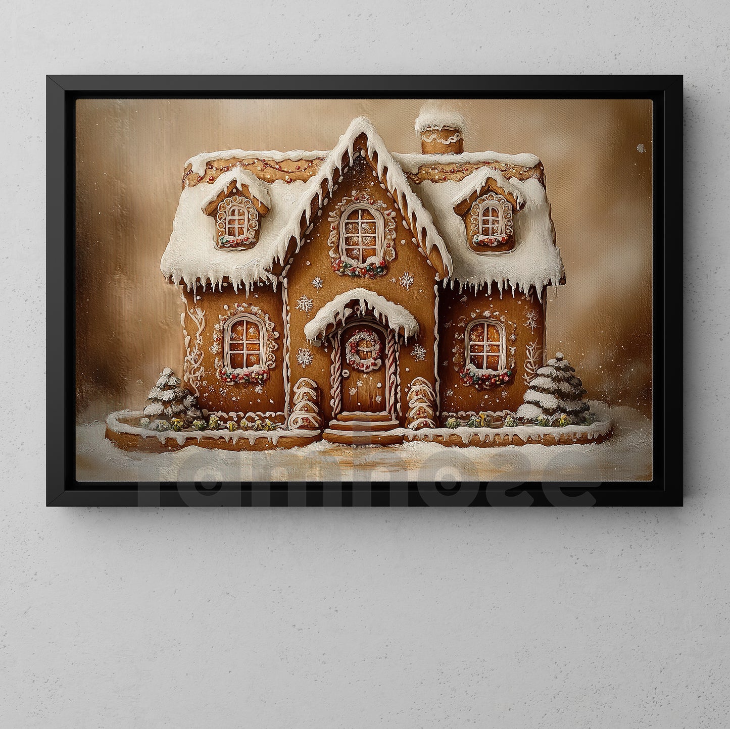 Snowy Christmas Gingerbread House Canvas Painting, Christmas Gingerbread Castle Wall Art Decor, Xmas Poster Gift For Gingerbread Lovers