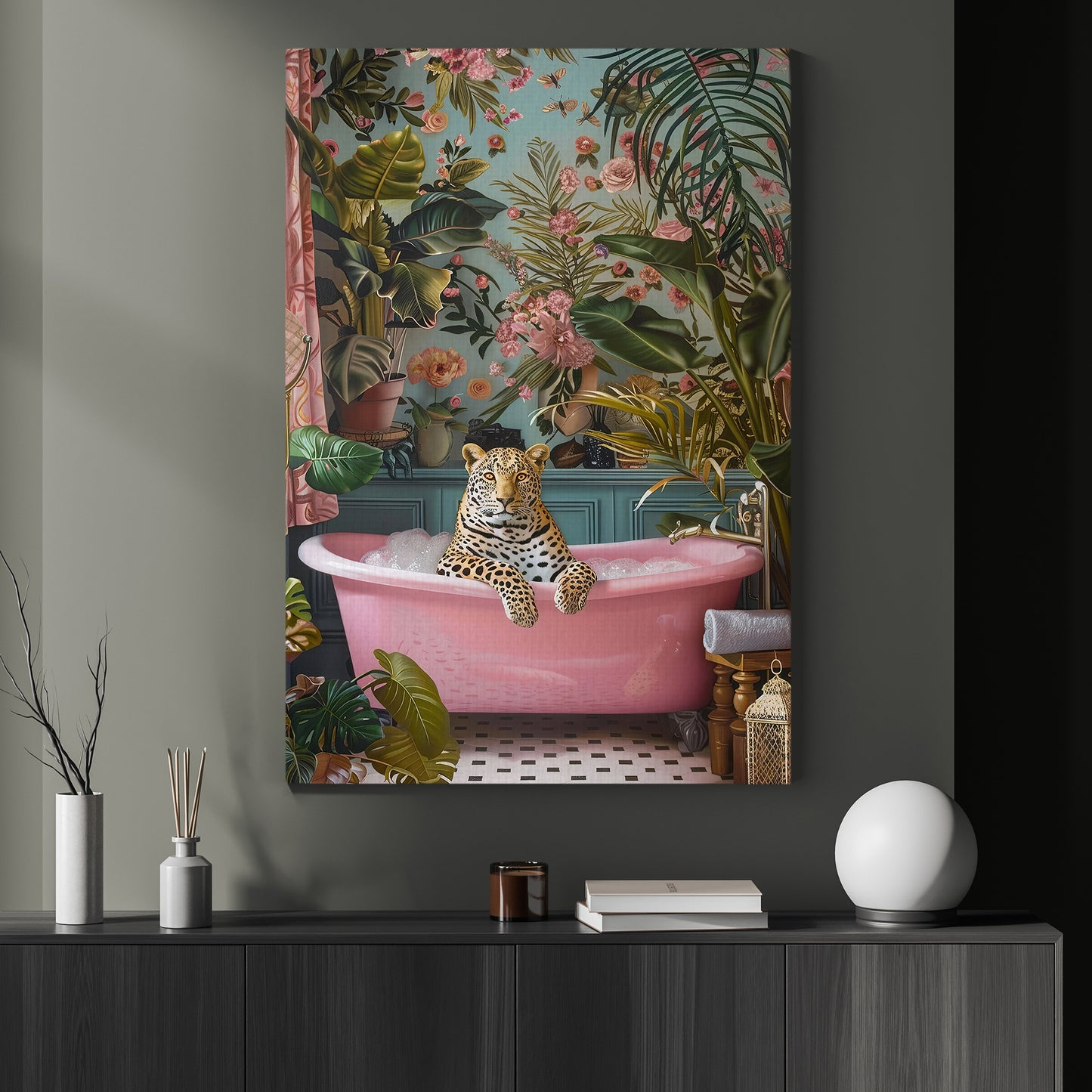 Spa Day In The Wild, Victorian Leopard Bathroom Canvas Painting, Victorian Animal Wall Art Decor, Restroom Poster Gift For Leopard Lovers