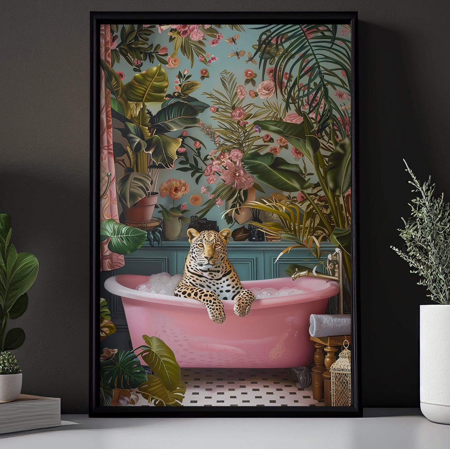 Spa Day In The Wild, Victorian Leopard Bathroom Canvas Painting, Victorian Animal Wall Art Decor, Restroom Poster Gift For Leopard Lovers