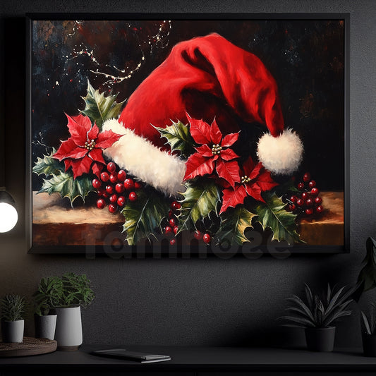 Vintage Christmas Canvas Painting, Festive Elegance And Santa's Cap Winter Wall Art Decor, Xmas Poster Gift