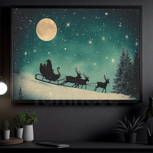 Vintage Christmas Canvas Painting, Enchanted Midnight Sleigh Ride Winter Wall Art Decor, Xmas Poster Gift