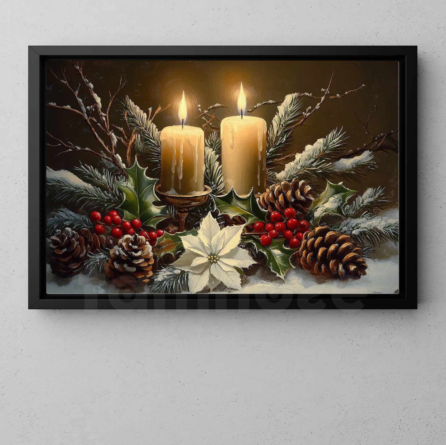 Cozy Christmas Canvas Painting, Candle And Pine Cones In Snow Wall Art Decor, Xmas Poster Gift