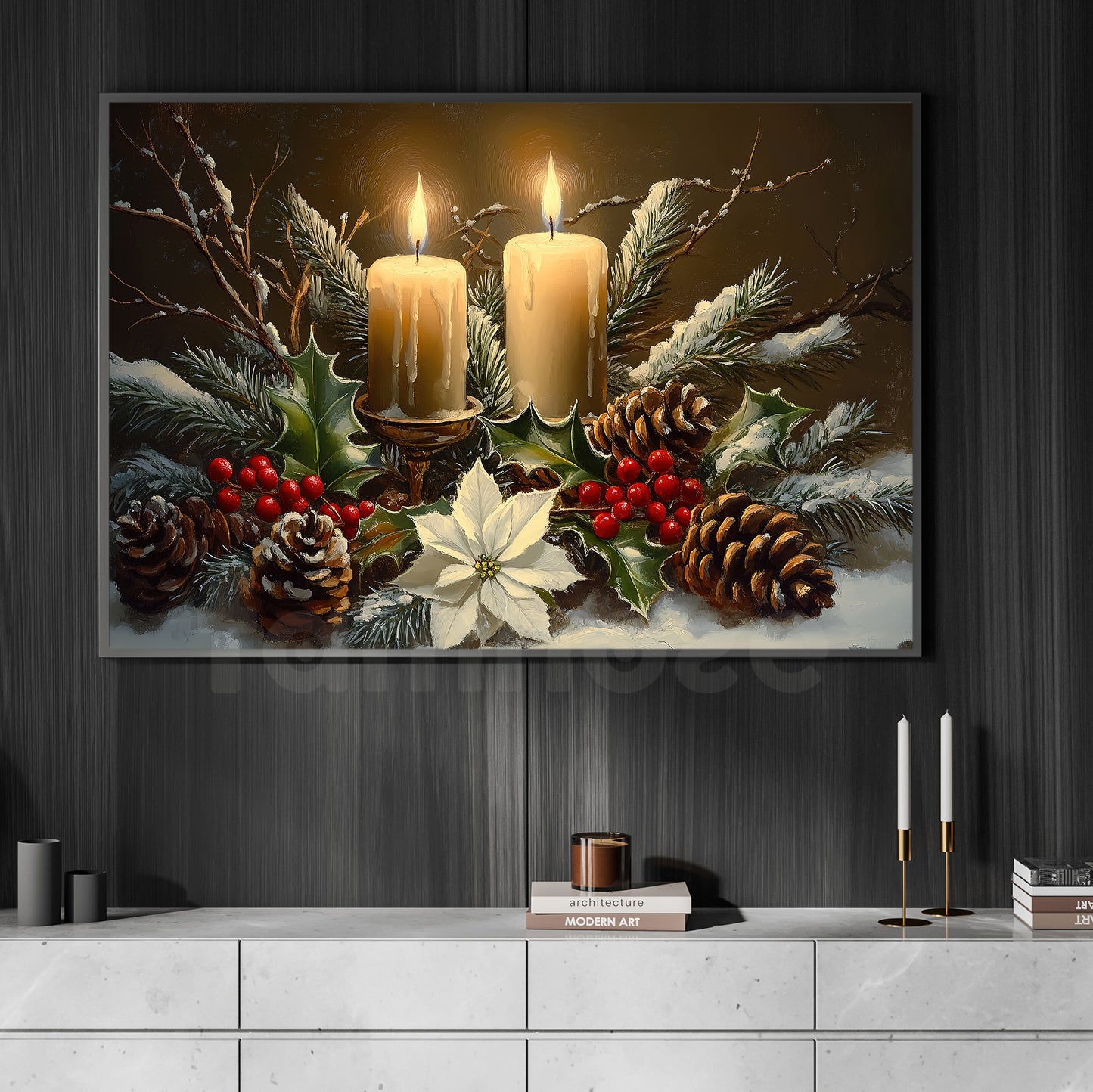 Cozy Christmas Canvas Painting, Candle And Pine Cones In Snow Wall Art Decor, Xmas Poster Gift