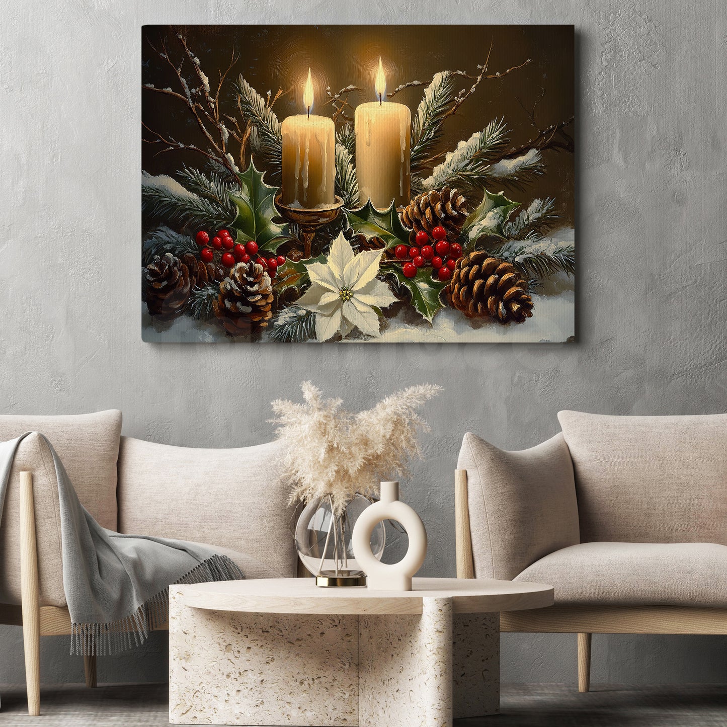 Cozy Christmas Canvas Painting, Candle And Pine Cones In Snow Wall Art Decor, Xmas Poster Gift