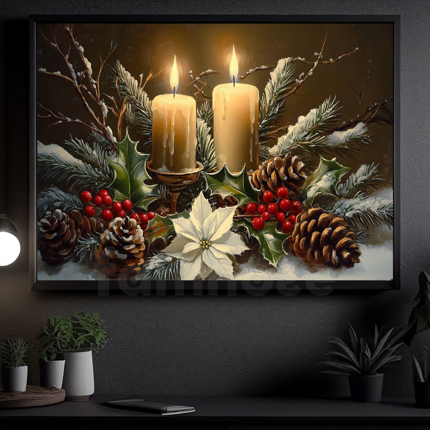 Cozy Christmas Canvas Painting, Candle And Pine Cones In Snow Wall Art Decor, Xmas Poster Gift