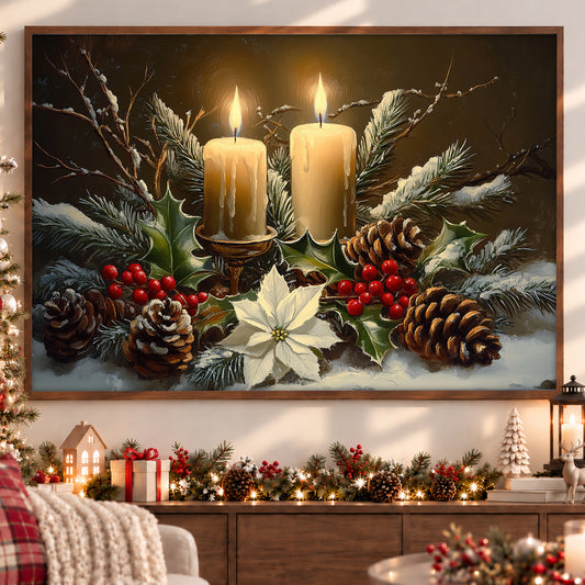 Cozy Christmas Canvas Painting, Candle And Pine Cones In Snow Wall Art Decor, Xmas Poster Gift