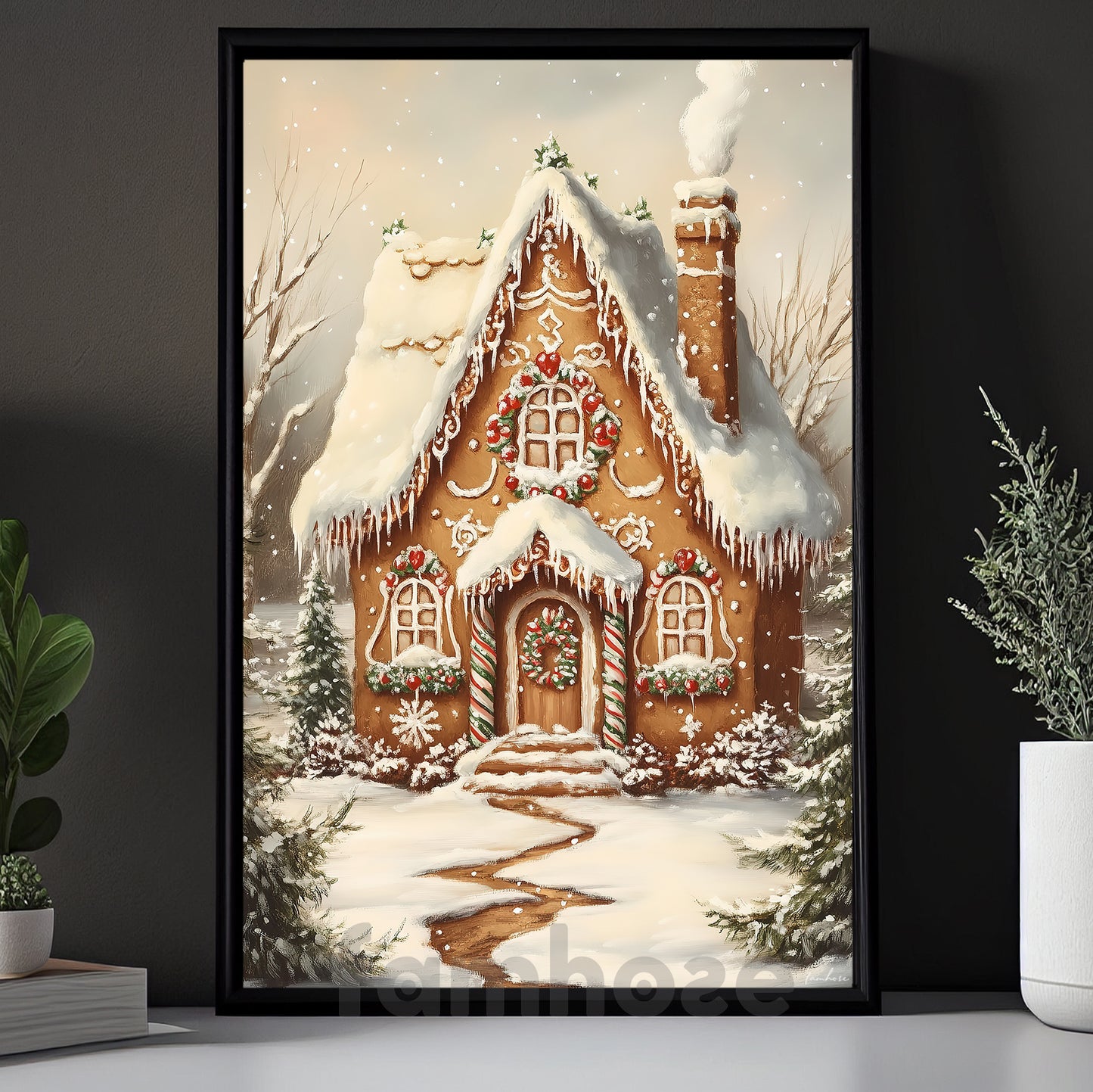 Christmas Gingerbread Canvas Painting, Snowy Gingerbread House Wall Art Decor, Xmas Poster Gift For Gingerbread Lovers