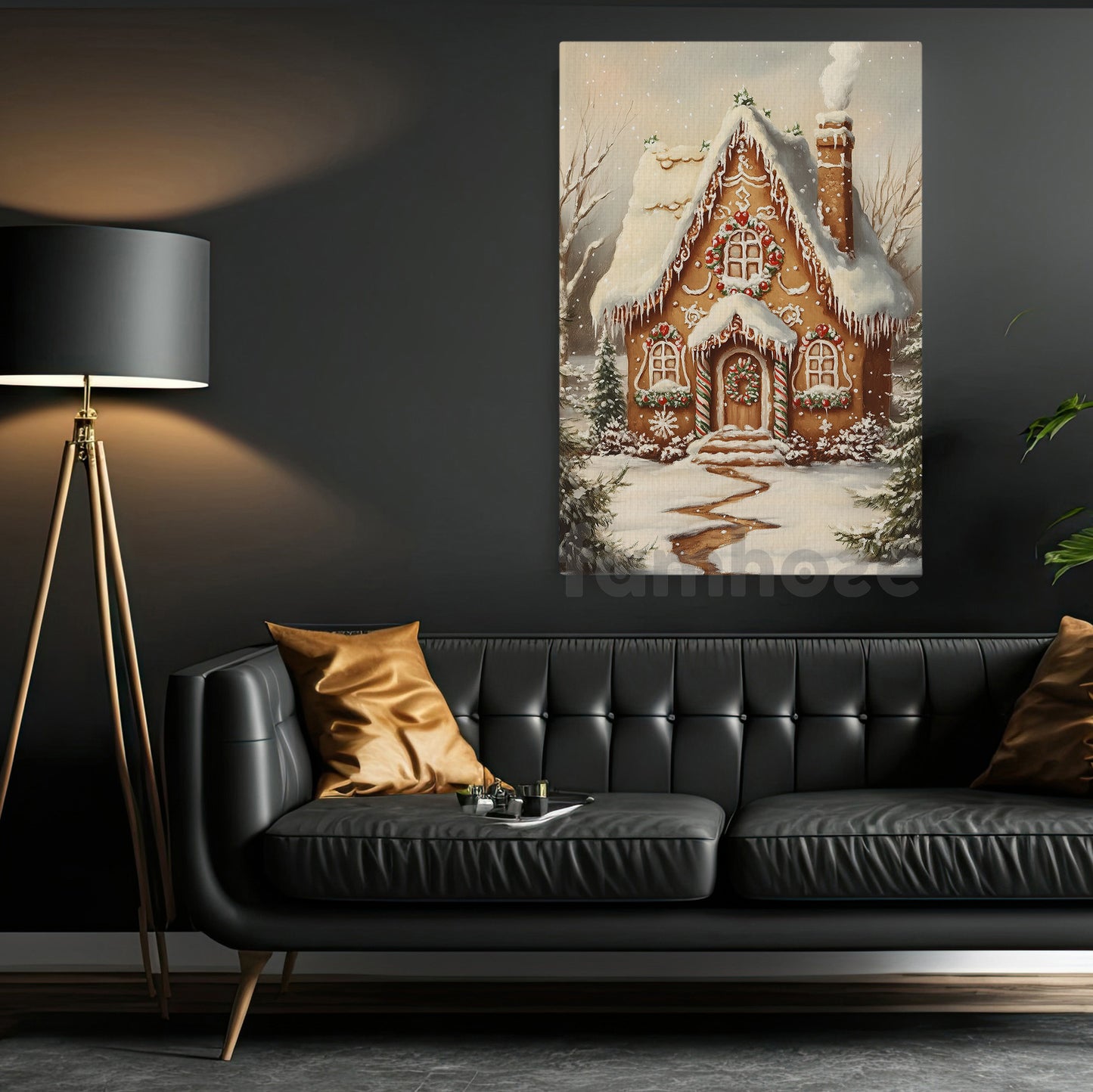 Christmas Gingerbread Canvas Painting, Snowy Gingerbread House Wall Art Decor, Xmas Poster Gift For Gingerbread Lovers