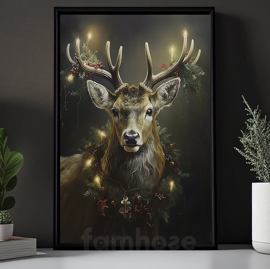 Christmas Canvas Painting, Glowing Reindeer Wall Art Decor, Xmas Poster Gift For Reindeer Lovers