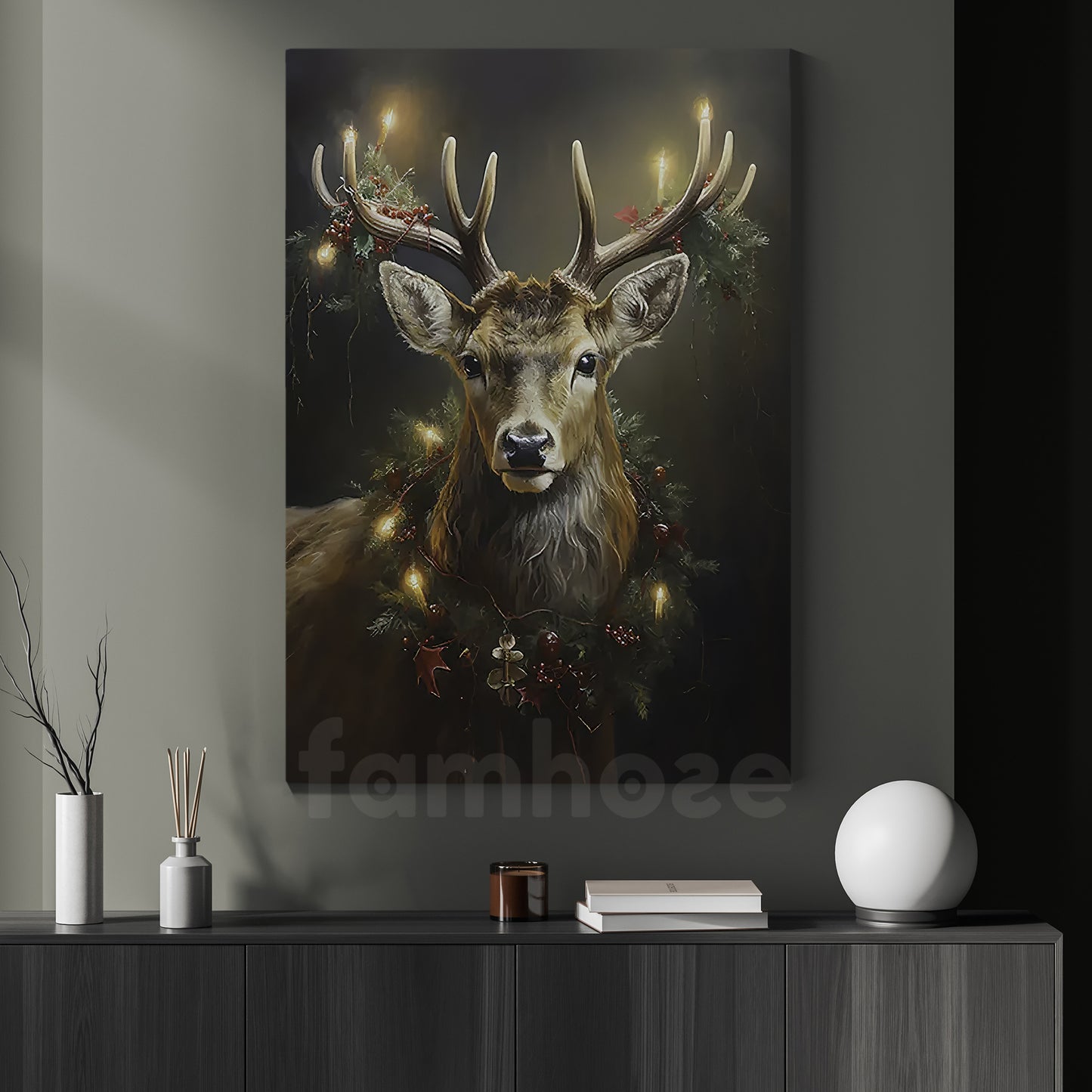 Christmas Canvas Painting, Glowing Reindeer Wall Art Decor, Xmas Poster Gift For Reindeer Lovers