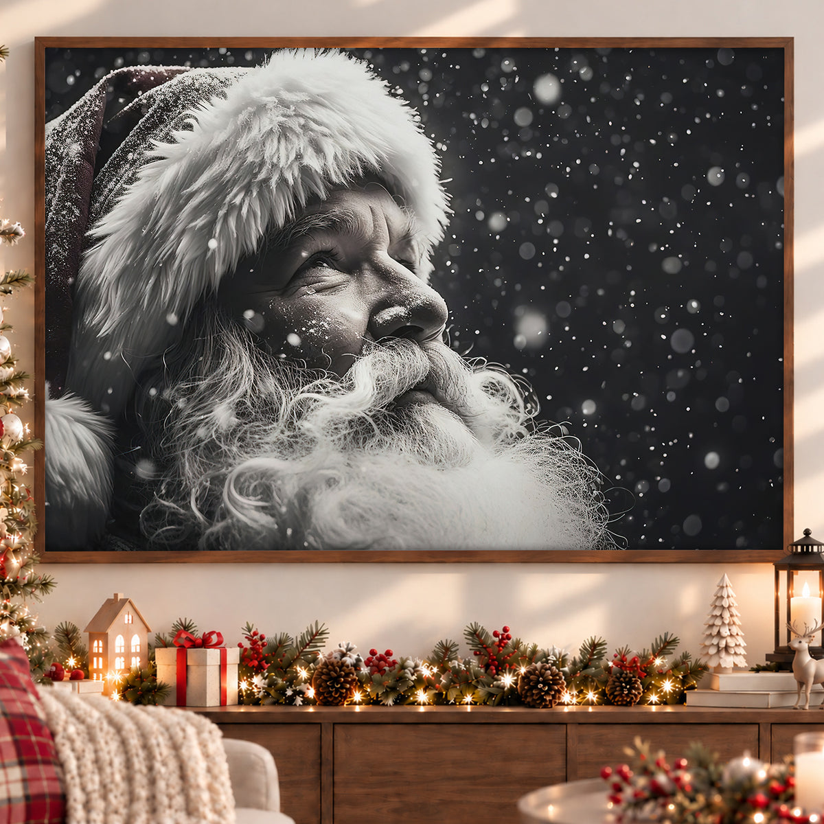 Christmas Canvas Painting, Santa Claus Looking Snow Wall Art Decor, Xmas Poster Gift