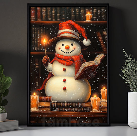 Cute Christmas Canvas Painting, A Snowman Magician Wall Art Decor, Xmas Poster Gift For Snowman Lovers