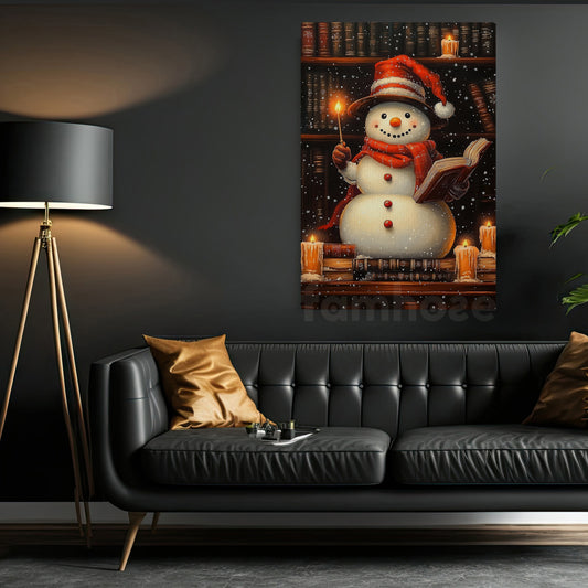 Cute Christmas Canvas Painting, A Snowman Magician Wall Art Decor, Xmas Poster Gift For Snowman Lovers