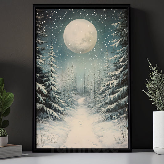 Vintage Christmas Canvas Painting, Night Moon Winter Path View Wall Art Decor, Xmas Poster Gift