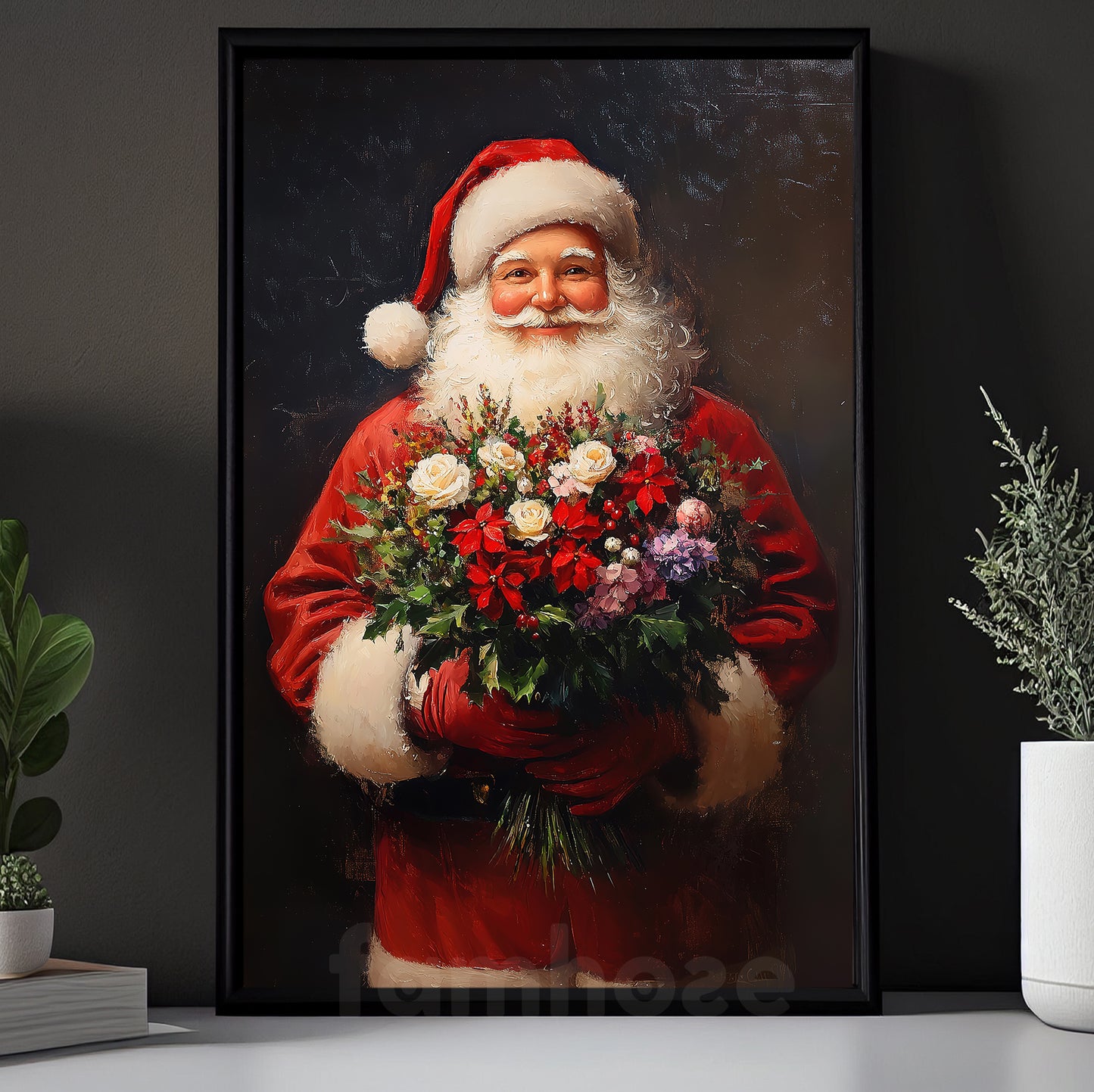 Interesting Christmas Canvas Painting, Santa Claus Gave A Beautiful Bouquet Of Flowers Wall Art Decor, Xmas Poster Gift For Santa Lovers