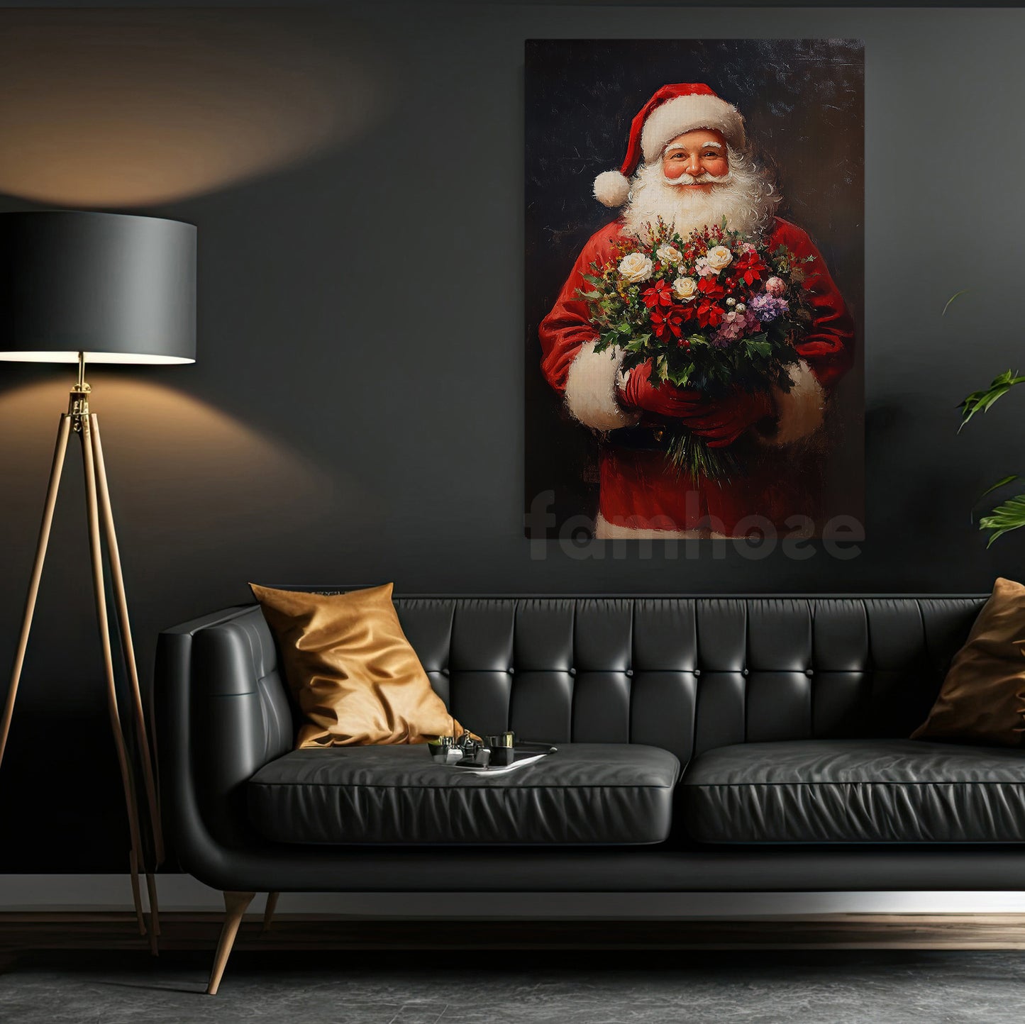 Interesting Christmas Canvas Painting, Santa Claus Gave A Beautiful Bouquet Of Flowers Wall Art Decor, Xmas Poster Gift For Santa Lovers