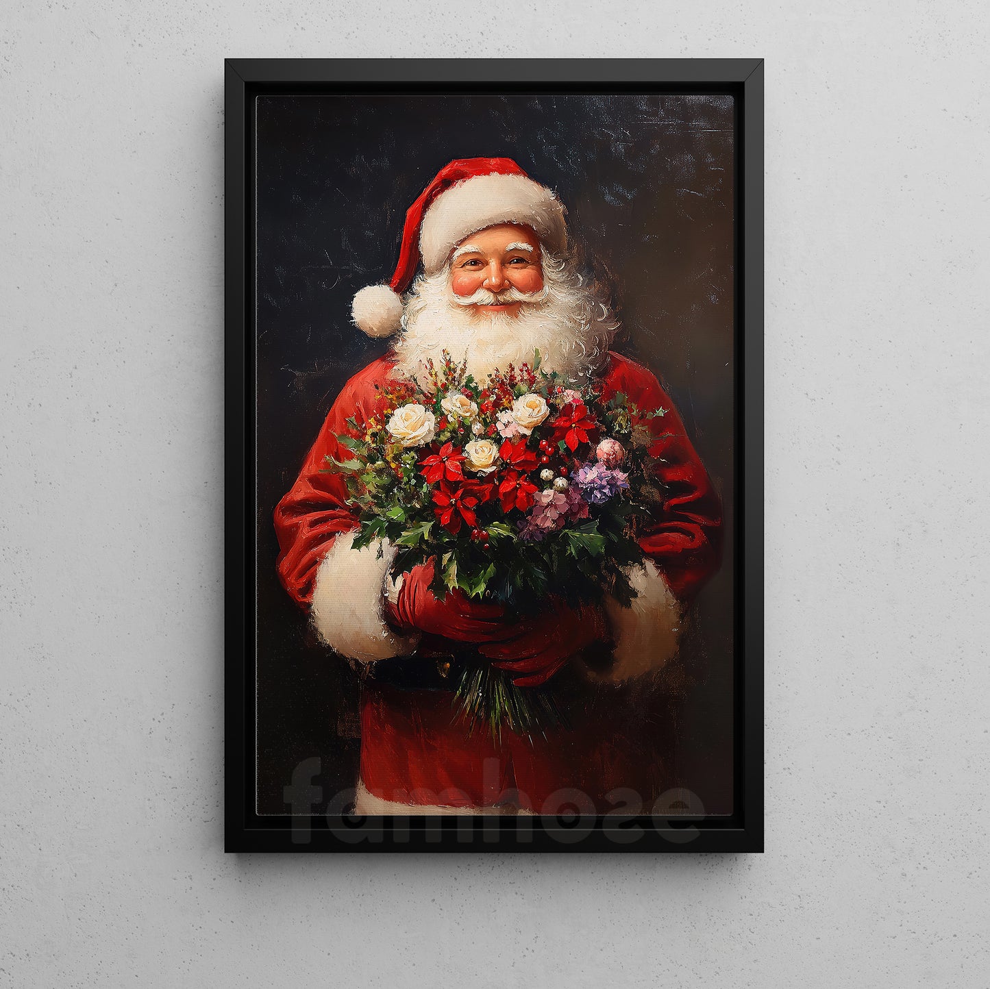 Interesting Christmas Canvas Painting, Santa Claus Gave A Beautiful Bouquet Of Flowers Wall Art Decor, Xmas Poster Gift For Santa Lovers