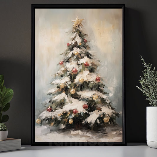 Vintage Christmas Canvas Painting, Frosted Yuletide Tree Winter Wall Art Decor, Xmas Poster Gift For Pine Tree Lovers