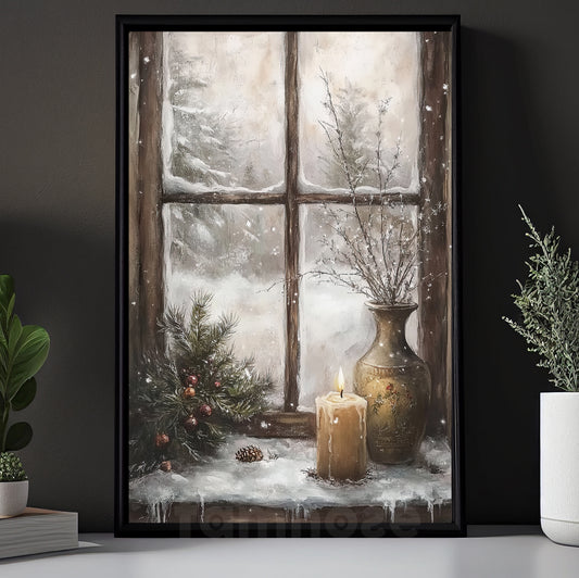 Vintage Christmas Candle Canvas Painting, Cozy Winter Window View Wall Art Decor, Xmas Poster Gift