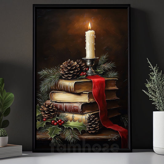 Mysterious Christmas Canvas Painting, Books Pine Cones And Candle Wall Art Decor, Xmas Poster Gift For Book Lovers