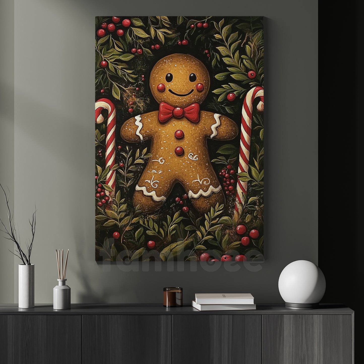 Cute Christmas Gingerbread Canvas Painting, Smiling Gingerbread Man Wall Art Decor, Xmas Poster Gift For Gingerbread Lovers