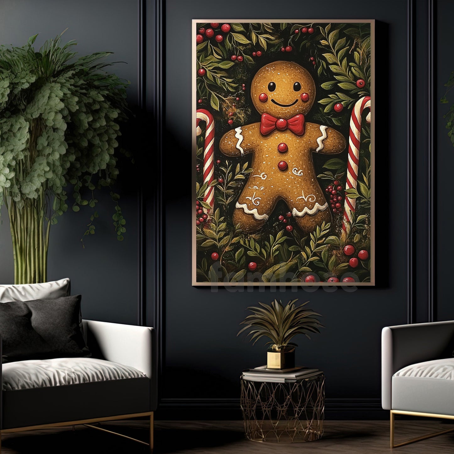 Cute Christmas Gingerbread Canvas Painting, Smiling Gingerbread Man Wall Art Decor, Xmas Poster Gift For Gingerbread Lovers