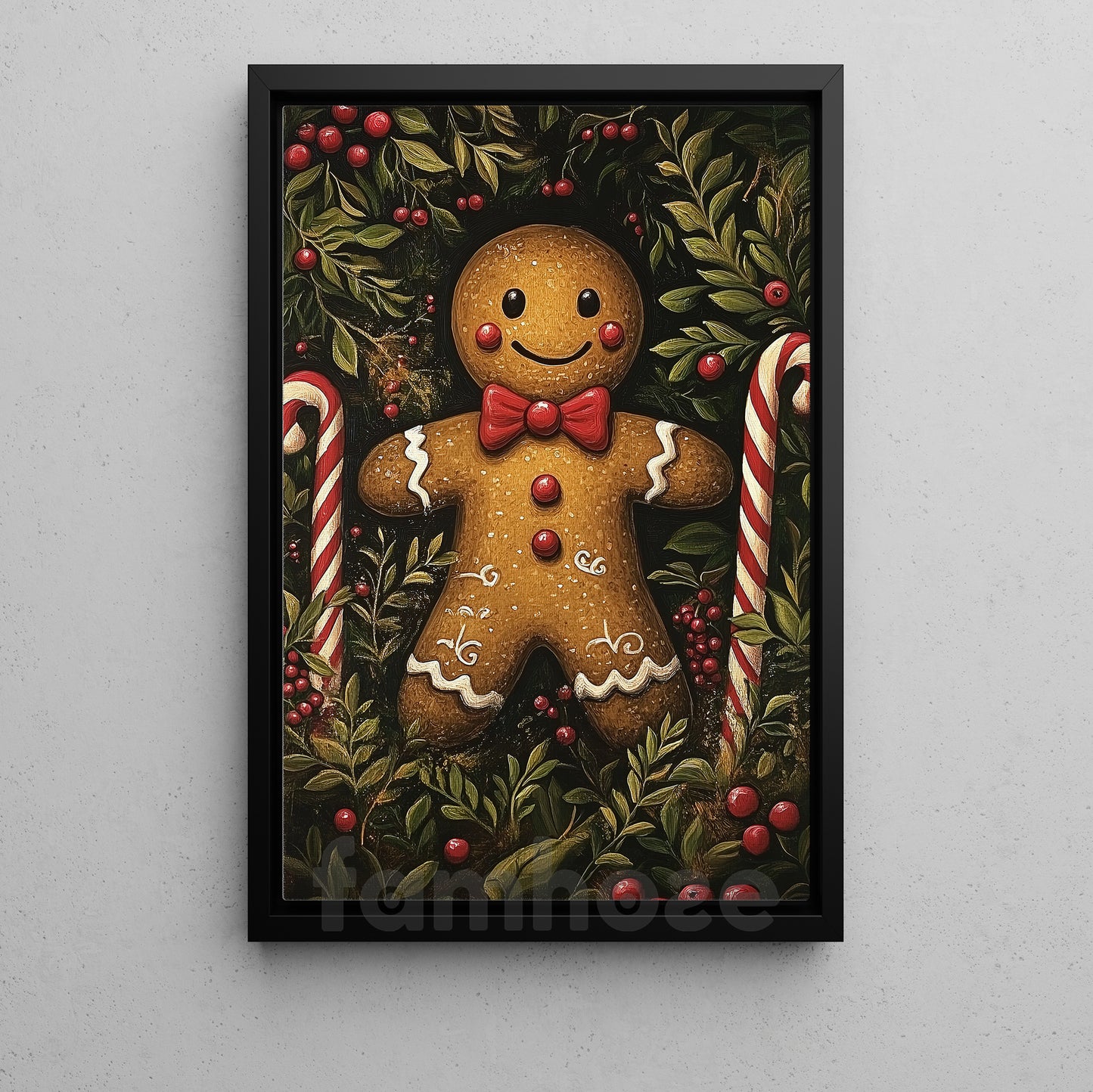 Cute Christmas Gingerbread Canvas Painting, Smiling Gingerbread Man Wall Art Decor, Xmas Poster Gift For Gingerbread Lovers