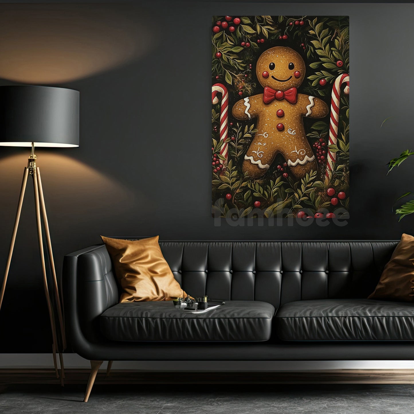 Cute Christmas Gingerbread Canvas Painting, Smiling Gingerbread Man Wall Art Decor, Xmas Poster Gift For Gingerbread Lovers