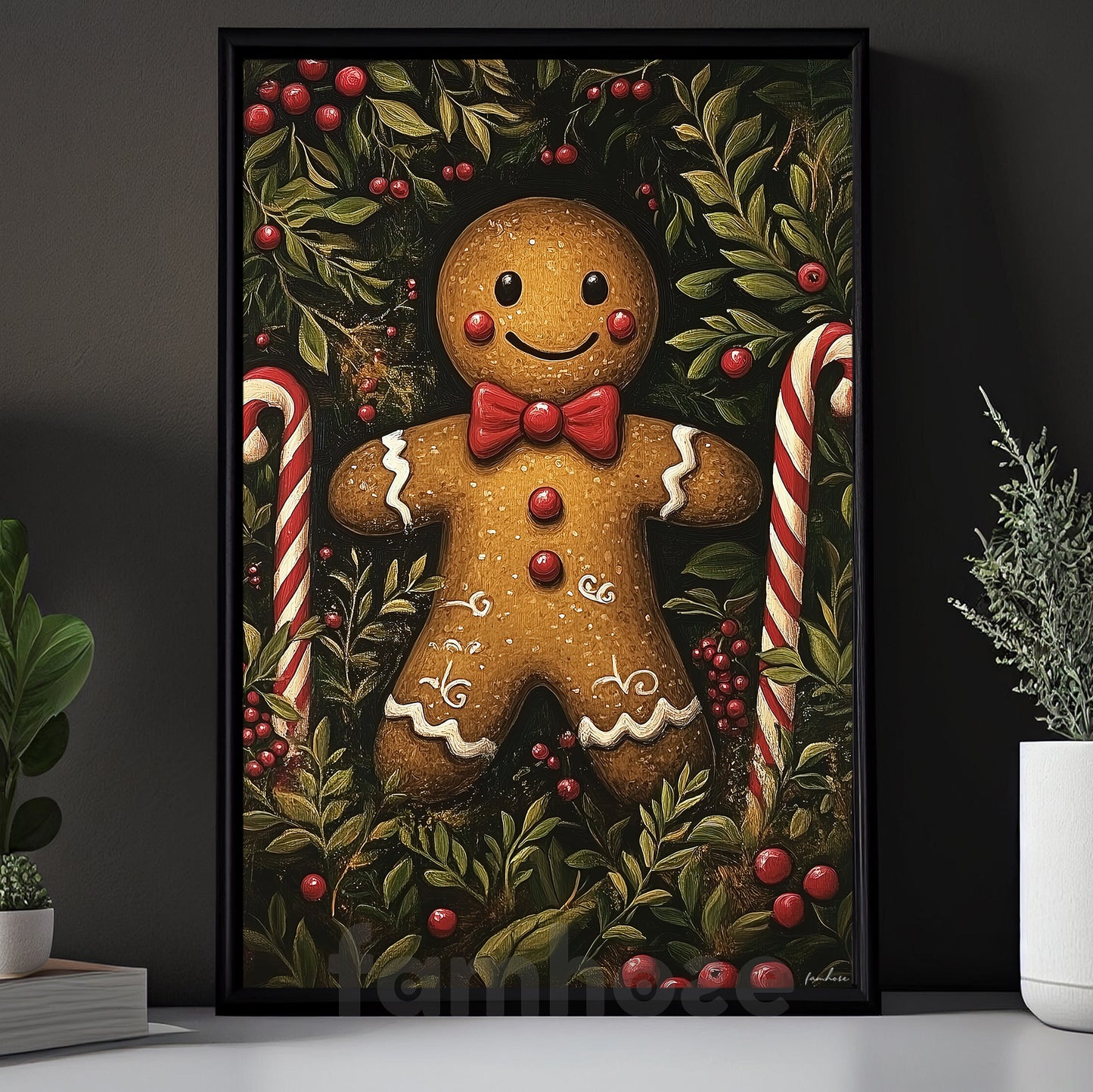 Cute Christmas Gingerbread Canvas Painting, Smiling Gingerbread Man Wall Art Decor, Xmas Poster Gift For Gingerbread Lovers