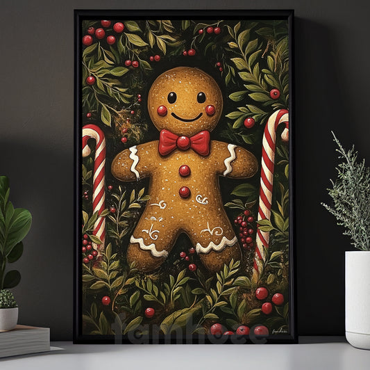 Cute Christmas Gingerbread Canvas Painting, Smiling Gingerbread Man Wall Art Decor, Xmas Poster Gift For Gingerbread Lovers