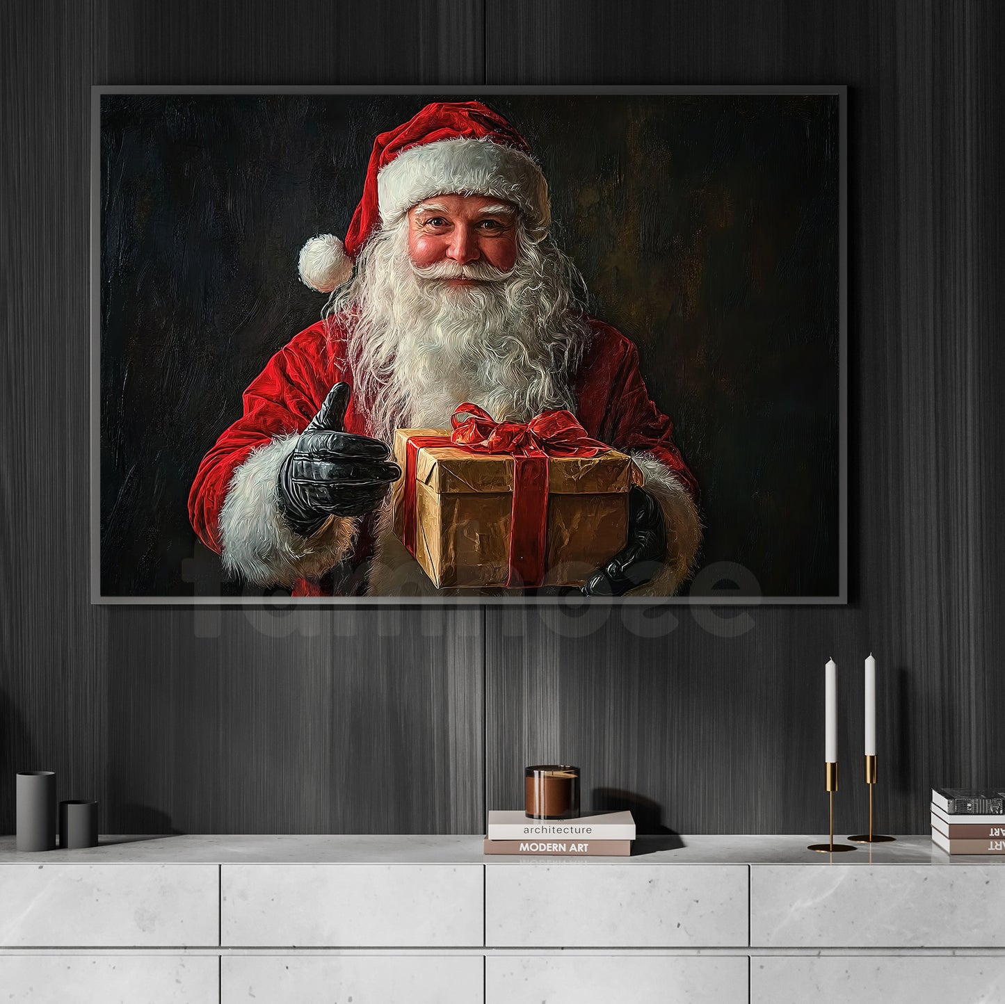 Santa Claus Gives Gift Christmas Canvas Painting, Santa Claus Wall Art Decor, Xmas Poster Gift